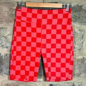 LuLaRoe Orange Pink Checkered Ribbed Biker Shorts Women's Medium High Rise